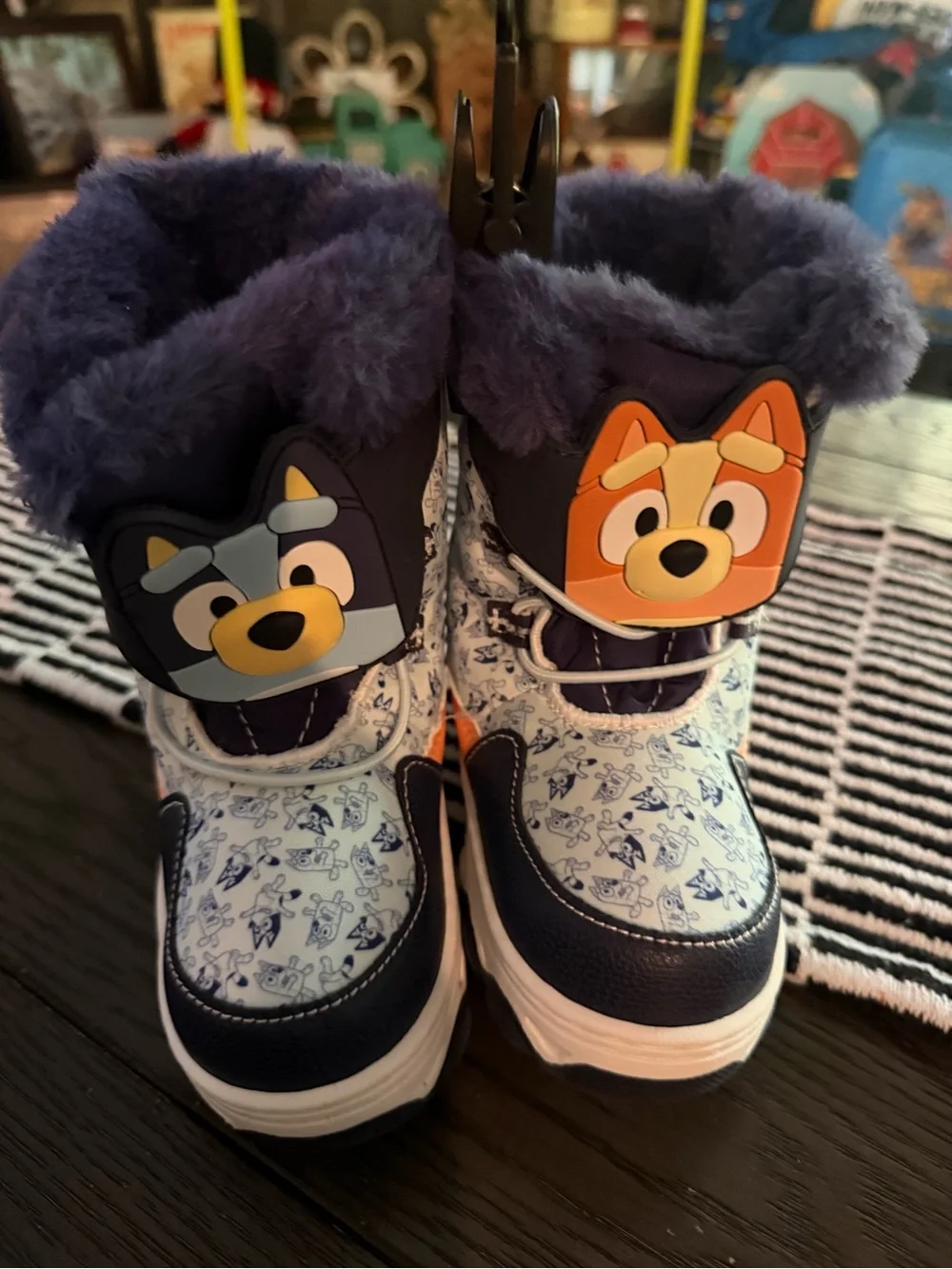 Kids Navy and White Cartoon Character Winter Boots with Plush Fur